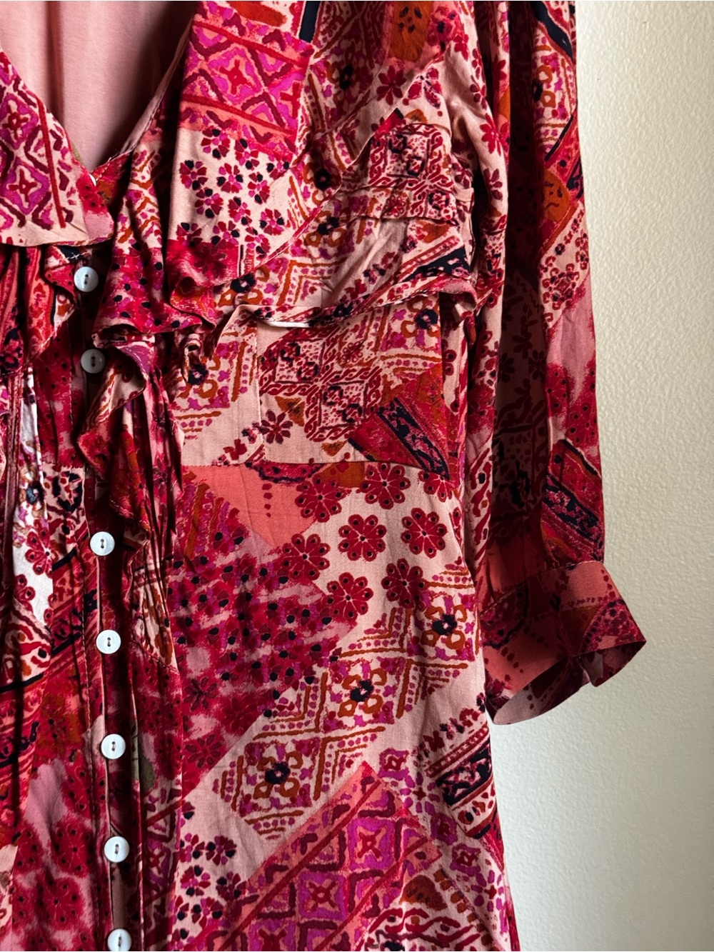 Free People Pink & Red Patterned Maxi Dress with Ruffle V-Neck - Picture 5 of 8
